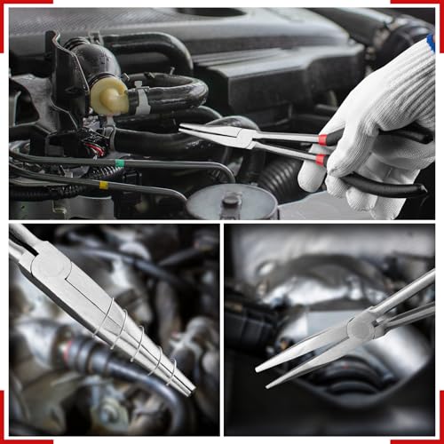 5Pcs Bent Nose Pliers 11 Inch Extra Long Needle Nose Pliers Set, Straight, 25°/45°/90° Bent, Circle Nose for Narrow Spaces, Hard to Reach Areas & Precision Work