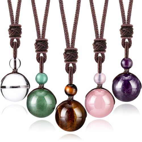 Yaomiao 5 Pcs Tiger Eye Chakra Round Bead Pendant Necklace Natural Quartz Amethyst Obsidian Turquoise Healing Crystal Pendant with Adjustable Nylon Rope - color: Yellow Amber, Pink, Purple, Green, White