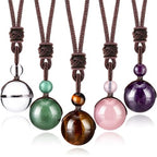 Yaomiao 5 Pcs Tiger Eye Chakra Round Bead Pendant Necklace Natural Quartz Amethyst Obsidian Turquoise Healing Crystal Pendant with Adjustable Nylon Rope - color: Yellow Amber, Pink, Purple, Green, White