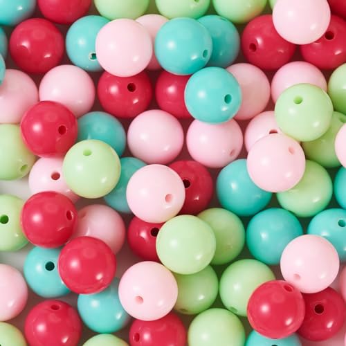 100 Pcs 11.5-12mm Bubblegum Beads Opaque Acrylic Chunky Loose Spacer Round Focal Beads for Jewelry Making Bracelet Necklace Keychain Craft Art Making,Hole:1.8mm,Pink and Green - color: Pink and Green