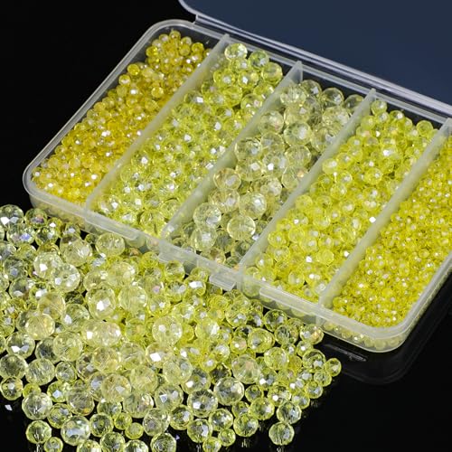 Song Xi 1250PCS 5 Different Size Purple Crystal Beads for Jewelry Making, Rondelle Glass Beads for Bracelets Necklace, Earring and Making Supplies, Arts and Crafts, AB Color (3/4/6/8/10mm) - color: AB Yellow