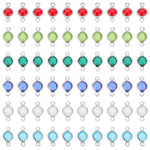 DELORIGIN 60pcs Double Loops Charm Connectors for Jewelry Making 6 Colors 304 Stainless Steel with Gemstone Flat Round Links Charms Double Loop Ring Charm for Necklace Bracelet Earring Pendants