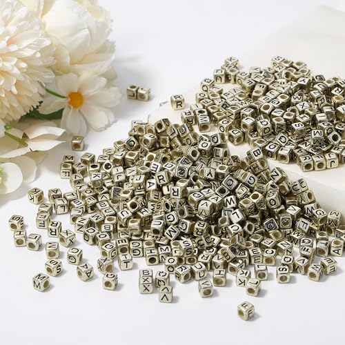 ZHIYUXI 1500pcs Acrylic Black Letter Beads - Gold Cube Friendship Bracelets Alphabet Beads for Crafts Jewelry Necklaces (6 x 6mm) - color: A# Black Letter Gold Beads