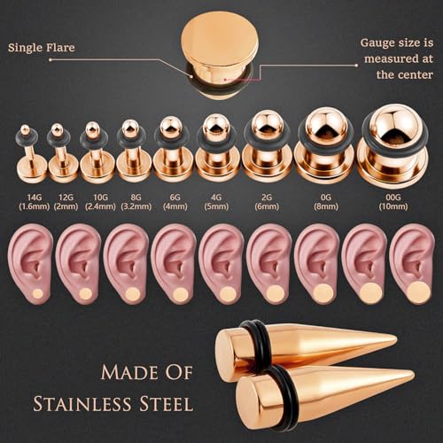 Longbeauty 14G-00G 36pcs Ear Gauges Stretching Kit Surgical Steel Tapers for Ears Gauge Starter Kits Single Flat Top Gauges Plugs for Women Men - color: Rosegold