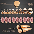 Longbeauty 14G-00G 36pcs Ear Gauges Stretching Kit Surgical Steel Tapers for Ears Gauge Starter Kits Single Flat Top Gauges Plugs for Women Men - color: Rosegold