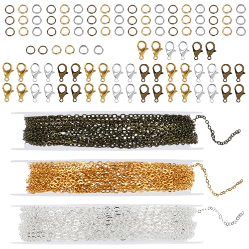 Jewelry Making Chains, 3 Rolls Stainless Chains for Jewelry Making Metal Link Rolls Bulk with 30 Lobster Clasps and 60 Jump Rings for DIY Necklace Bracelet Anklet