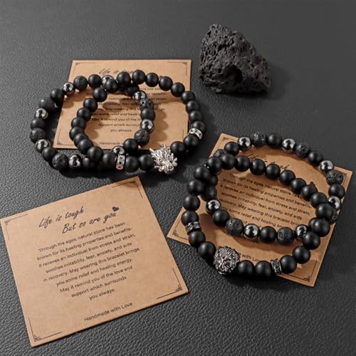 Natural Stone Bracelet 8mm Mens Black Beaded Bracelets Hematite Obsidian Onyx Lava Beads Bracelet Healing Crystal Bracelet for Men - style: Dumbbell