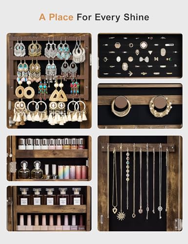 Nicetree Jewelry Cabinet Armoire with 2 Drawers, Lockable Standing Jewelry Mirror Cabinet, Full Length Mirror with Jewelry Storage, Rustic Brown - color: Rustic Brown