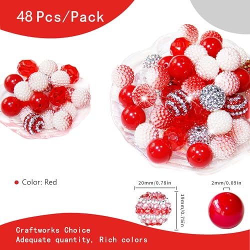 48 Pcs 20mm Beads for Pens Rhinestone Bubblegum Beads Red Crystal Acrylic Round Chunky Bead Sparkly Craft Large Balls Bead for Pen Beadable Keychain Bracelet Necklace DIY Jewelry Making Supplies - color: Red