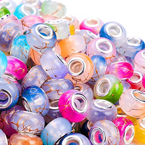 100 Pieces 14mm European Large Hole Spacer Beads Mix Color with Silver Brass Cores Assortments Charm Lampwork Beads Supplies for Necklace Bracelets Jewelry Making (Ｇolden Wire Jelly) - color: Ｇolden Wire Jelly