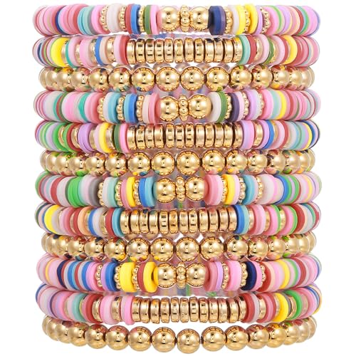 12pcs Friendship Bracelets Beaded Bracelets Heishi Bracelet Cute Bracelets Stack Vinyl Clay Disc Bead Surfer Stretch Summer Beach Bracelets For Women Preppy Bracelets - color: B-2 color