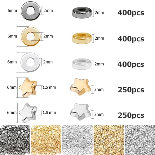 6mm Flat Round Spacer Beads, Clay Beads for Bracelets Making Kit, Heishi Polymer Flat Disc Spacer Beads for Jewelry Making, Clay Beads for Jewelry Making Gold Beads Silver (1700pcs（500star）) - color: 1700pcs（500star）
