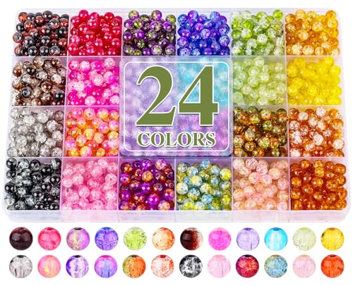 XSEINO About 1200+ PCS 6mm Cracked Style Glass Beads Bracelet Making Kit, 24 Assorted Colorful Crack Series Crystal Beads for Jewelry Making and DIY Crafts, Friendship Bracelets - color: Crack Glass Beads