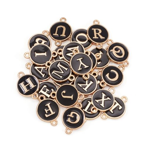 KISSITTY Flat Round with Alphabet Connector Charms Alloy Enamel Letter Links Connectors for DIY Bracelet Earring Jewelry Making - color: Black