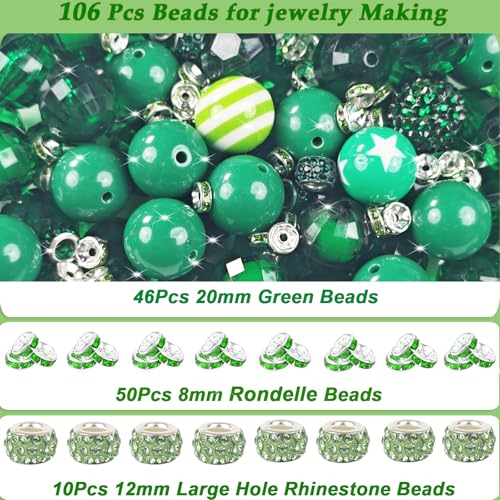 106 Pcs 20mm Beads for Pens Making with Rondelle Spacer Beads Dark Green Acrylic Focal Bubblegum Bead Crystal Round Sparkly Chunky Bead for Pens Beadable Keychain DIY Craft Jewelry Making Supplies - color: Dark Green