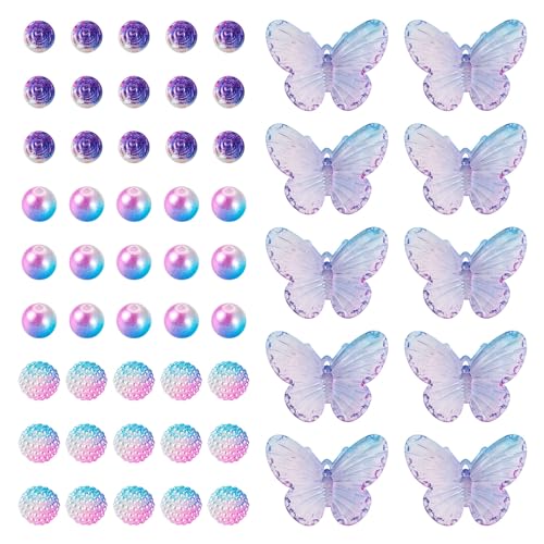 100Pcs Acrylic Beads for Bracelet Jewelry Making Butterfly Beads Bubblegum Chunk Beads Round Pearl Beads Kawaii Aesthetic Beads for Necklace Earring Keychain Chain Accessories 7-10mm - color: Purple & Blule