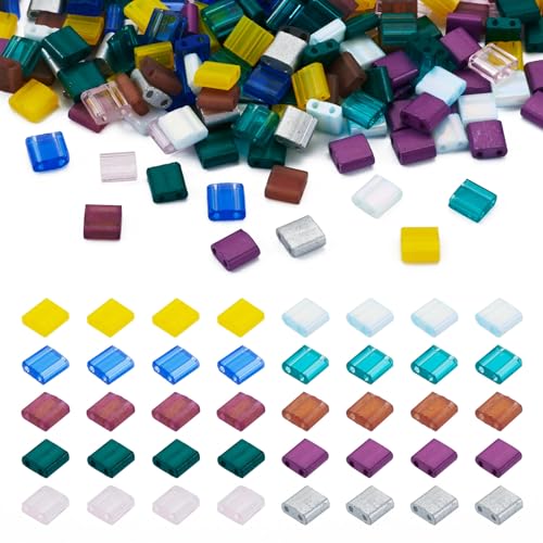 Pandahall 200Pcs Flat Square Glass Beads - 2-Hole Tila Beads in 10 Colors for Bracelet, Necklace & Earring Jewelry Making - color: 10 Color - Square