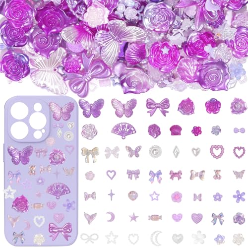 Cynailli 350 Pcs Junk Case Charms Purple 3D Resin ABS Rose Flower Bows Butterfly Charm with Bows Moon Heart Pearls Fun Beads Flatback Resin Charms for Craft DIY - color: color-S7