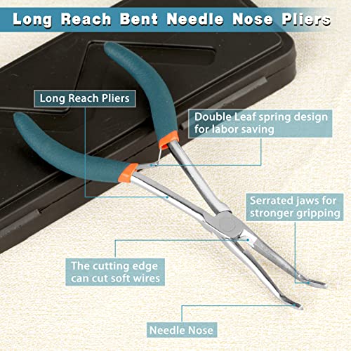 Long Reach Bent Needle Nose Pliers, 7 Inches, Serrated Jaws, PVC Handles, High Carbon Steel, Blue, Jewelry Making, Beading, Handicraft - style: Bent Needle Nose Pliers Serrated Jaws