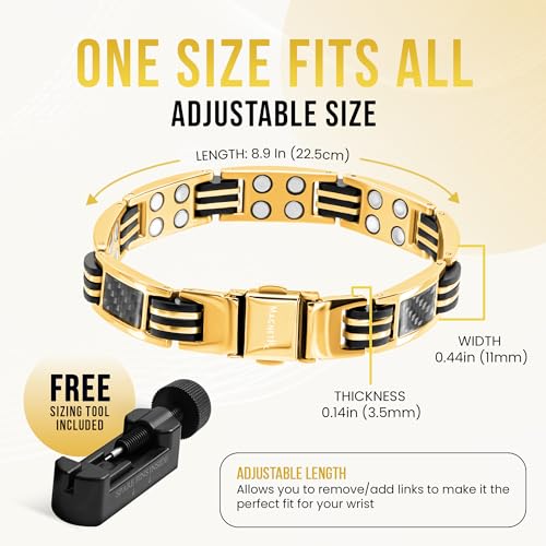 MagnetRX® Magnetic Bracelets for Men – Effective Mens Magnetic Bracelet with Carbon Fiber Inlay – Adjustable Length with Included Sizing Tool(Gold) - color: Gold Carbon Fiber (2X Strength)