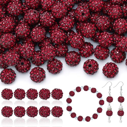 105pcs 10mm Rhinestone Beads for Jewelry Making, Dark Red Shiny Round Disco Ball Beads Bulk, Sparkle Crystal Clay Christmas for Bracelet Baseball Necklace Earring Crafting and DIY - color: Dark Red, size: 105 pcs