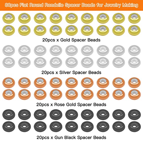80pcs 8mm Stopper Beads with Rubber Inside Flat Round Rondelle Spacer Beads Adjustable Slider Clasps Round Beads Positioning Spacer Beads for DIY Bracelet Necklaces Jewelry Makings(2mm Hole,4Colors) - color: Gold,silver,rose gold,gun black