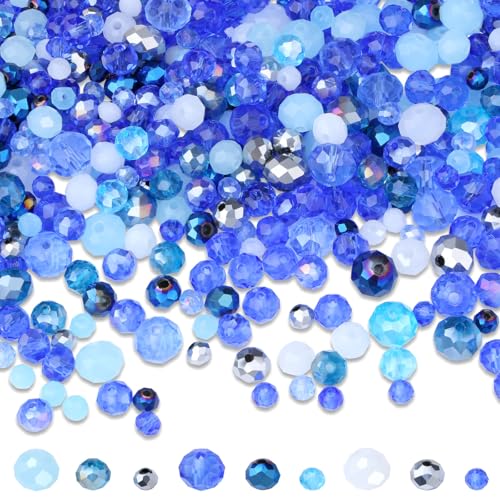 ZHIYUXI 1100PCS 4mm 6mm 8mm Blue Faceted Glass Beads for Jewelry Making Crystal Assorted Suncatchers Glass Beads for Bracelet Making Necklaces Accessories - color: D-Blue