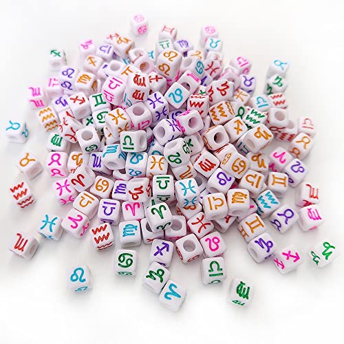 200+ Pieces 7x7mm White Cube Acrylic Alphabet Zodiac Charms Constellation Beads Mixed Plastic Shape Loose Beads for Jewelry Making Bracelets Necklaces Key Chains (Colorful on White) - size: Colorful on White