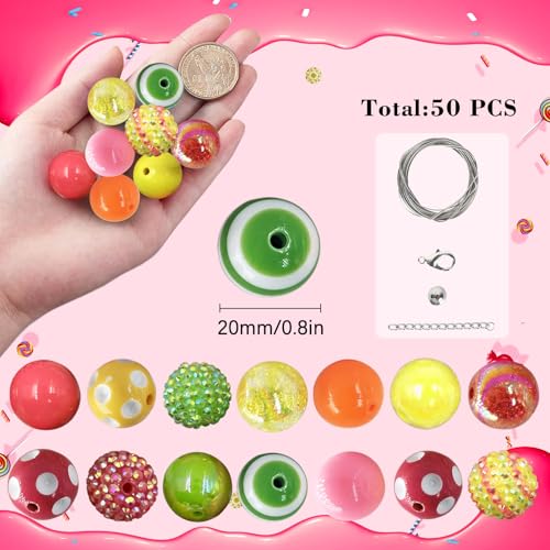 50Pcs Yellow Green Chunky Bubblegum Beads, 20mm Chunky Bubble Gum Beads for Adult DIY Beadable Pens Bracelets Necklaces Pearl Beaded Craft Mother's Day Jewelry Making - color: Rose Red+Light Green