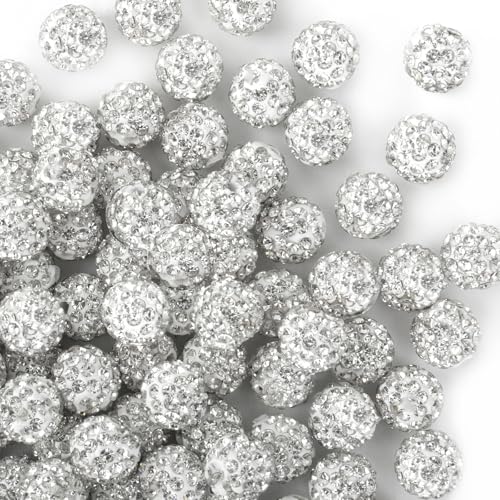 10mm Clay Rhinestone Beads for Bracelets, 100 Pcs Sparkle Crystal Beads for Jewelry Making, Glitter Round Shamballa Disco Ball Design for DIY Crafts Necklace Earrings Decoration (White A) - color: White A
