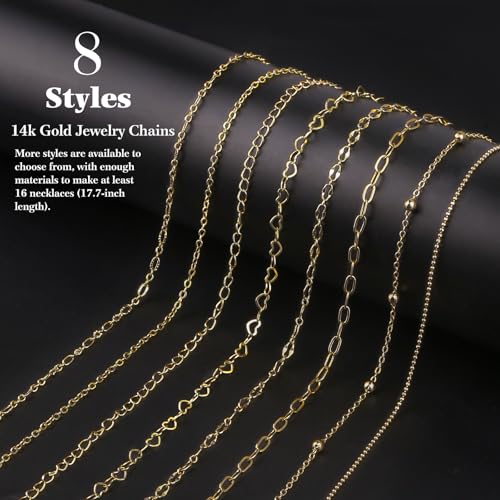 14k Gold Necklace Chains for Jewelry Making, Total 27 Feet 8 Rolls Bracelet Chains for DIY, 3.3 Feet Each Style, 14K Gold Plated Chain with Jump Rings/Lobster Clasps/Connectors - color: 14k Gold-27 Feet 8 Rolls