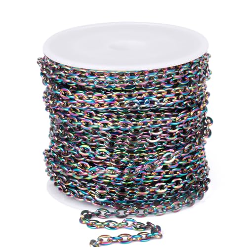 33 Feet Colorful Stainless Steel Cable Chains Bulk, 3 mm 304 Stainless Steel Multi Color Flat Cable Links Chain Roll Spool for Jewelry Making DIY Craft - color: Colorful, size: 3.0mm width