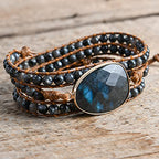 YGLINE Women Boho Handmade Natural Stone Crystal Leather Bead Wrap Bracelets Collection - color: Labradorite-3w