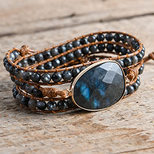 YGLINE Women Boho Handmade Natural Stone Crystal Leather Bead Wrap Bracelets Collection - color: Labradorite-3w