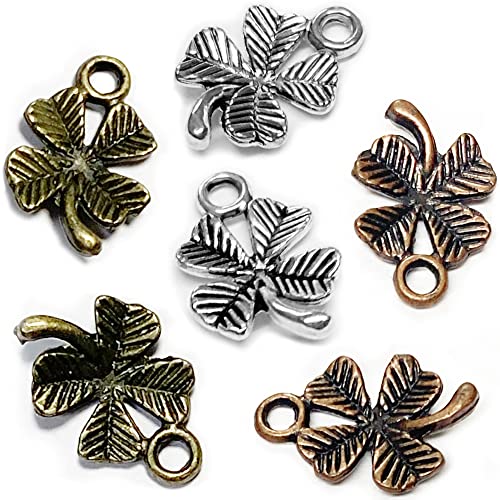 Heather's cf Four Leaf Clover Silver Leaf Beads 100-150 Pcs Leaves Craft Antique Leaf Charms for Crafting Leaf Pendant Charm for Necklace Bracelet Earring Making Fall Leaf Beads Set - color: Mixed Clover