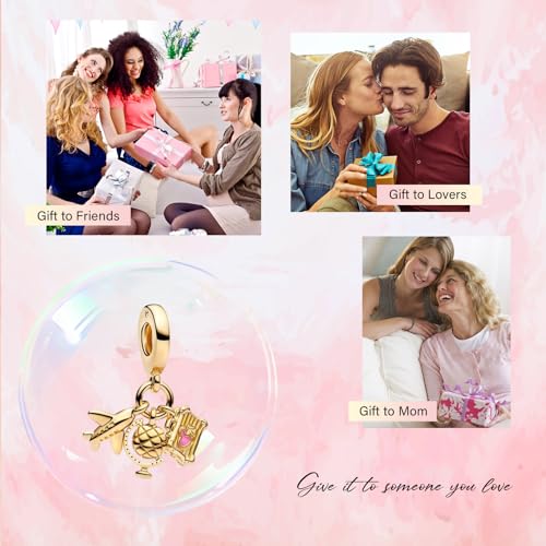 S925 Bead Dangle Charms for Bracelets Necklaces, Compatible with Pandora, Jewelry Making - style: Travel Aroud the World 3-in-1 Charm 14K Gold Plated