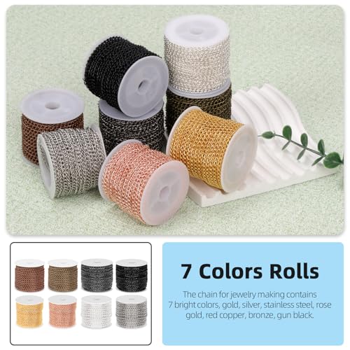 Glarks 102Pcs 30 Feet Jewelry Chains Set Gold Cable Link Chains Link Rolls Bulk Twisted Links Chain Necklace Jewelry Making Chains with Lobster Clasps and Jump Rings for Necklace Jewelry Making - color: Gold