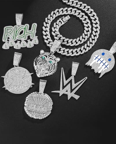 Lced Out Diamond Cuban Chain for Men | Hip Hop Miami Link Necklace Silver & Gold Plated Options with Pendant, 7-Pack Gift Set - color: Silver, size: 20 inches