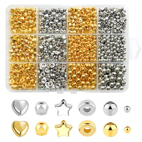 Looconi 1500pcs Spacer Beads Set,Gold and Silver Assorted Round Star Gold Beads for Bracelet Jewelry Making - color: Gold&Silver