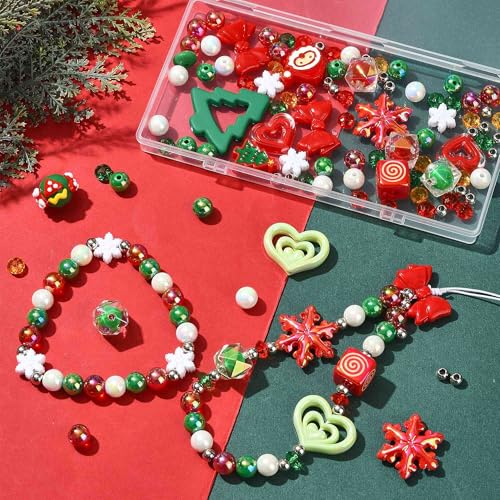 100Pcs Christmas Acrylic Beads for Jewelry Making, 19 Styles Xmas Tree Snowflake Bowknot Heart Santa Claus Loose Spacer Beads for Bracelets Necklaces Earrings Making and Crafting - color: Xmas- 100 pcs