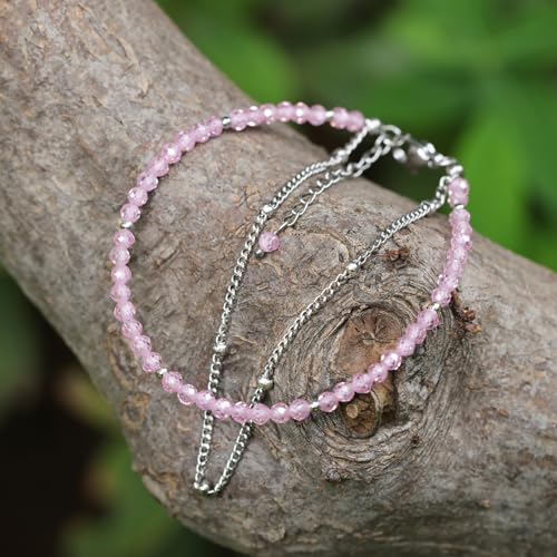 Peridot Stand Silver Gold Bracelets, Handmade Birthstone Stack Bracelet Crystal Gemstones Bead Chain Gift for Women, 8" - color: Silver-10-Oct Pink tourmaline