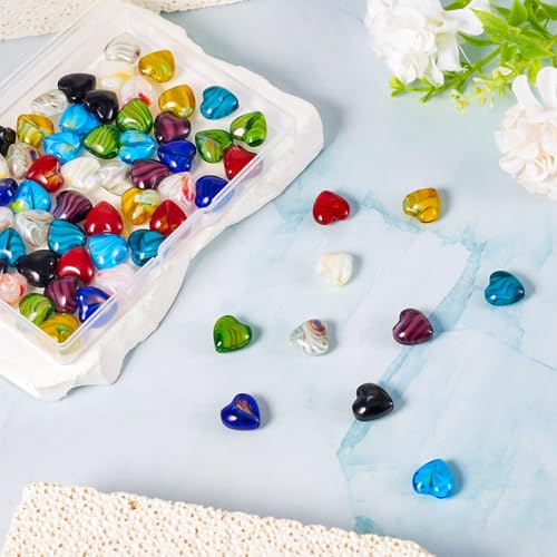 Cheriswelry 66Pcs Heart Pearlized Handmade Lampwork Glass Beads Crystal Glass Love Heart Loose Spacer Beads 11.5mm for DIY Craft Earirng Bracelet Necklace Jewelry Making - color: 11 Color-Heart