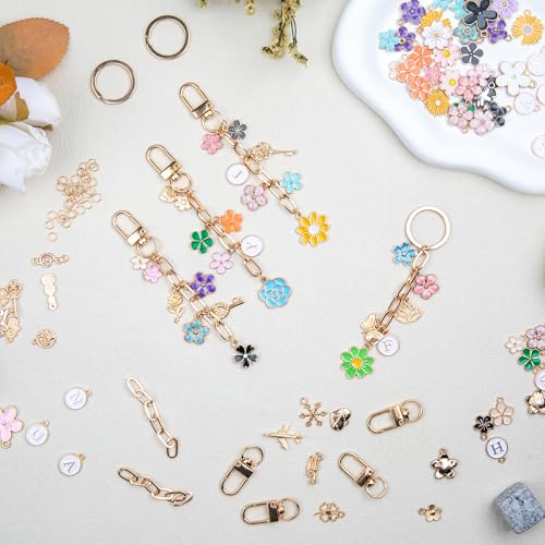 HOMAR 223Pcs DIY Keychain Making Bag Charm Jewelry Chain Making 86 Flower Charms 10 Keychain Clips with Key Ring 15 Extender Chains 100 Jump Ring for DIY Craft Gifts - color: Flower-223PCS