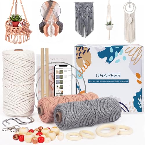UHAPEER Macrame Kits for Adults Beginners with 656 Feet 3 mm Macrame Cotton Cord, DIY Macrame Plant Hanger Kit with Macrame Supplies and Instructions, Macrame Meads, Wooden Rings, Dream Catcher Rings - color: Beige Pink & Grey