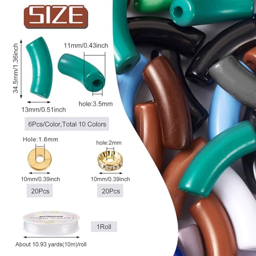 Spritewelry 100pcs Acrylic Chunky Tube Beads for Bracelets with Brass Rhinestone Spacer Beads Elastic Crystal Thread Opaque Curved Tube Beads Acrylic Bangle Bamboo Beads for Jewelry Making - color: Green-Opaque