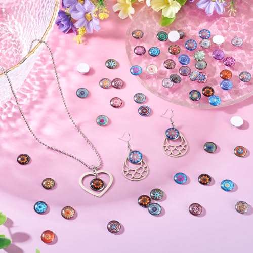 100Pcs/Set Flat Round Transparent Glass Cabochons with Pattern Eye Flatback Glass Dome Flatback Cab Beads for Photo Cameo Jewelry Making Necklace Ring DIY Crafts 12x4mm Random Flower - color: 100Pcs-12x4mm-Random Flower