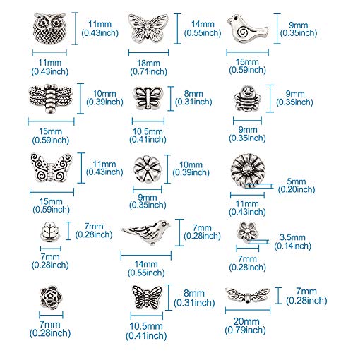 Beadthoven 150pcs/box Tibetan Silver Butterfly Flower Spacer Beads Owl Bird Dragonfly Bees Loose Beads Charms with 1-2mm Hole for Jewelry Crafts Making - color: Antique Silver-Butterfly-15 Style
