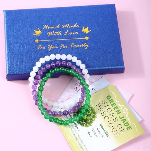 2/3-Pieces 4mm 6mm 8mm Natural Crystal Gemstone – Handmade Reiki Energy Healing Stretch Bracelets Jewelry for Yoga, Meditation, Unisex - color: 3 Pieces (Amethyst&GreenJade&WhiteJade), size: 6mm