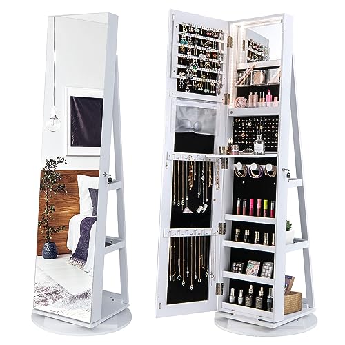 COSTWAY 360° Rotating Mirror Jewelry Armoire, Freestanding Jewelry Organizer w/ 3-Color LED Lights, Full-length Mirror w/Jewelry Storage, Lockable Jewelry Cabinet for Bedroom, Cloakroom (White) - color: White