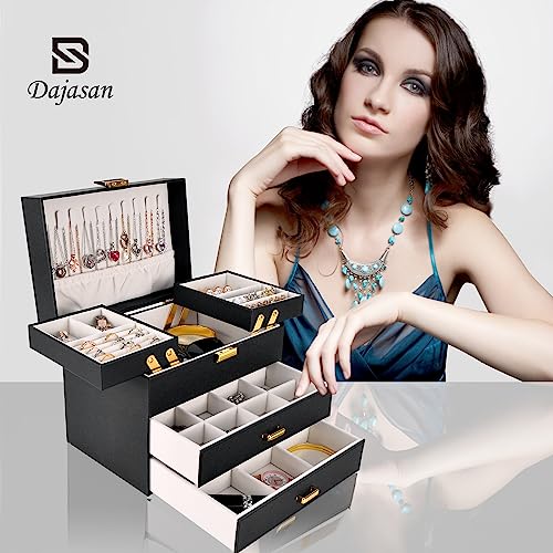 Dajasan Jewelry Organizer Box, Large Jewelry Boxes for Women Girls, Space-Saving 4 Layers Jewelry Storage Case with Drawer, Movable Metal Stand, Modern, Gift Idea (Black + Gold) - color: Black + Gold